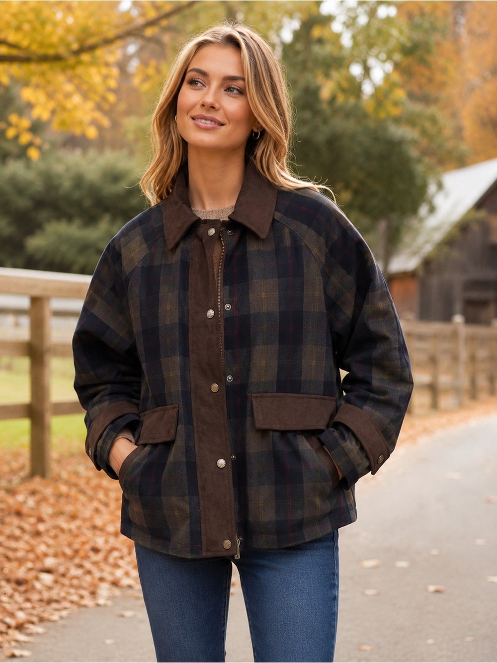 Classic Plaid Men's Jacket with Suede Trim - Brown/Black